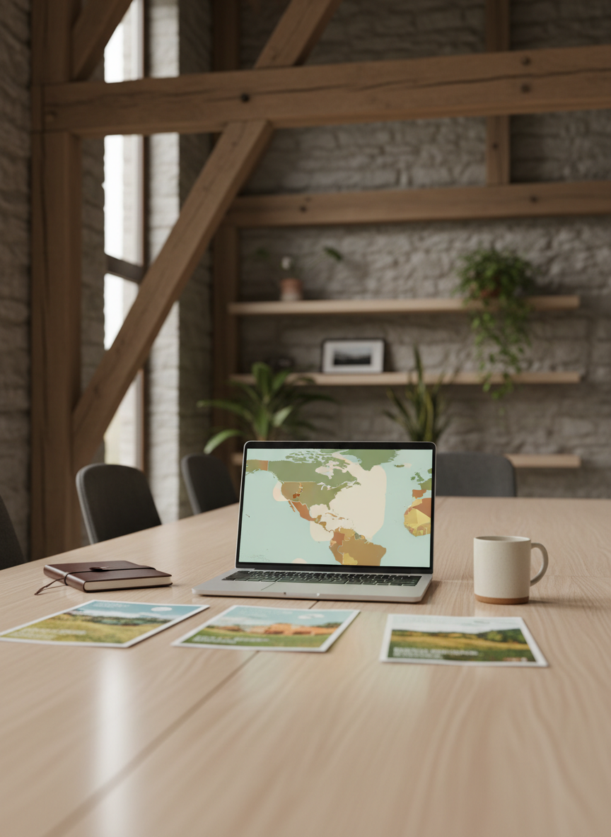 A minimalist, corporate-style wooden conference table set in a renovated barn interior, with exposed beams and stone walls subtly visible in the background. On the table, an open laptop displays a stylized map of Latin America’s rural regions, surrounded by neatly arranged printed brochures, a closed leather notebook, and a simple ceramic mug. Large windows out of frame cast soft, diffused daylight across the table’s smooth surface, creating gentle reflections and understated shadows. Shot from a slightly elevated angle with shallow depth of field, keeping the work surface in sharp focus while the rustic architecture blurs softly. Photographic realism with clean lines and neutral tones, conveying organized knowledge-sharing and professional coordination in rural tourism.