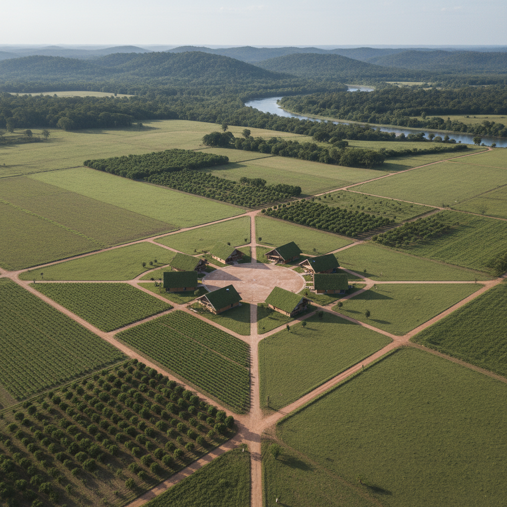 An elevated aerial view of a Latin American rural landscape dedicated to sustainable tourism, featuring a small cluster of eco-friendly lodges with green roofs arranged around a central courtyard, surrounded by cultivated fields, orchards, and orderly pastures. Narrow dirt lanes create a geometric grid, connecting the lodges to a distant river and low, tree-covered hills. Late morning sunlight provides clear, even illumination, highlighting the structure and layout more than vivid color, which stays slightly muted. The composition emphasizes balanced geometry and clear spatial relationships, with sharp focus throughout to show infrastructure, crops, and natural features. Photographic realism with a clean, map-like aesthetic, conveying networked rural destinations and careful planning across the landscape.