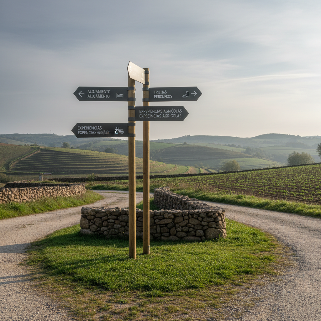 A structured rural tourism signage system at the intersection of two country paths, featuring sleek wooden posts with clear, minimalist directional signs pointing to lodgings, trails, and agricultural experiences, each with simple icons. The signs are in Spanish and Portuguese, using a unified, modern typography. Surrounding the signs, trimmed grass, a low stone wall, and distant cultivated terraces create a tidy landscape. Early morning soft sunlight filters through light clouds, casting gentle, elongated shadows that align with the path lines. Shot from a low, slightly angled perspective emphasizing the signposts against a neutral sky, with moderate depth of field keeping both signs and immediate surroundings sharp. Photographic realism with a clean, organized aesthetic, communicating connectivity and wayfinding in rural networks.