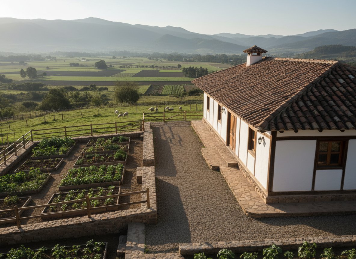 A meticulously restored rural Latin American farmhouse exterior, with whitewashed adobe walls, dark wooden beams, and a clay tile roof, framed by neat vegetable plots and fenced pastures. The house sits on a gentle hillside overlooking patchwork fields and distant soft mountains. Late afternoon natural light creates crisp, professional shadows and subtle highlights on textures of stone, wood, and earth, maintaining neutral, desaturated tones. Captured at eye level with a wide lens and balanced composition, the image emphasizes clean lines of fences and paths, evoking organized, sustainable rural tourism. Photographic realism with a corporate, brochure-ready aesthetic, shallow depth of field softly blurring the far horizon while the buildings and immediate landscape remain in sharp, detailed focus.