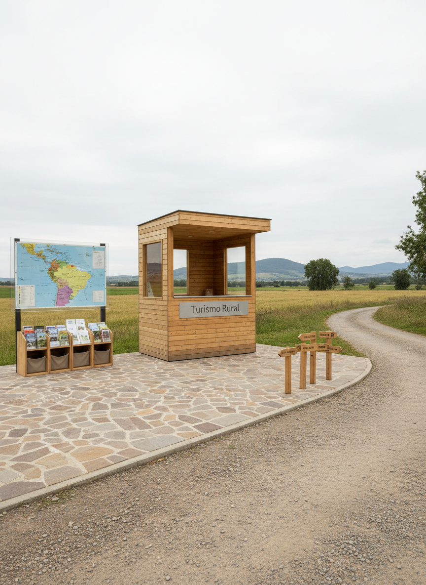 An organized rural tourism welcome area featuring a modern wooden information kiosk with a discreet metal sign reading “Turismo Rural” in Spanish, set on a paved stone terrace beside a well-maintained dirt road. Neatly labeled trail markers, a large, clean map board of Latin America’s rural regions, and stacked brochures in neutral-colored holders surround the kiosk. Soft overcast daylight evenly illuminates the scene, avoiding harsh contrasts while revealing textures of wood grain and gravel. The composition follows the rule of thirds, with the kiosk prominent yet leaving space for the rural landscape of fields and low hills behind. Photographic realism, clean and modern aesthetic, calm and professional mood suitable for a travel network homepage.